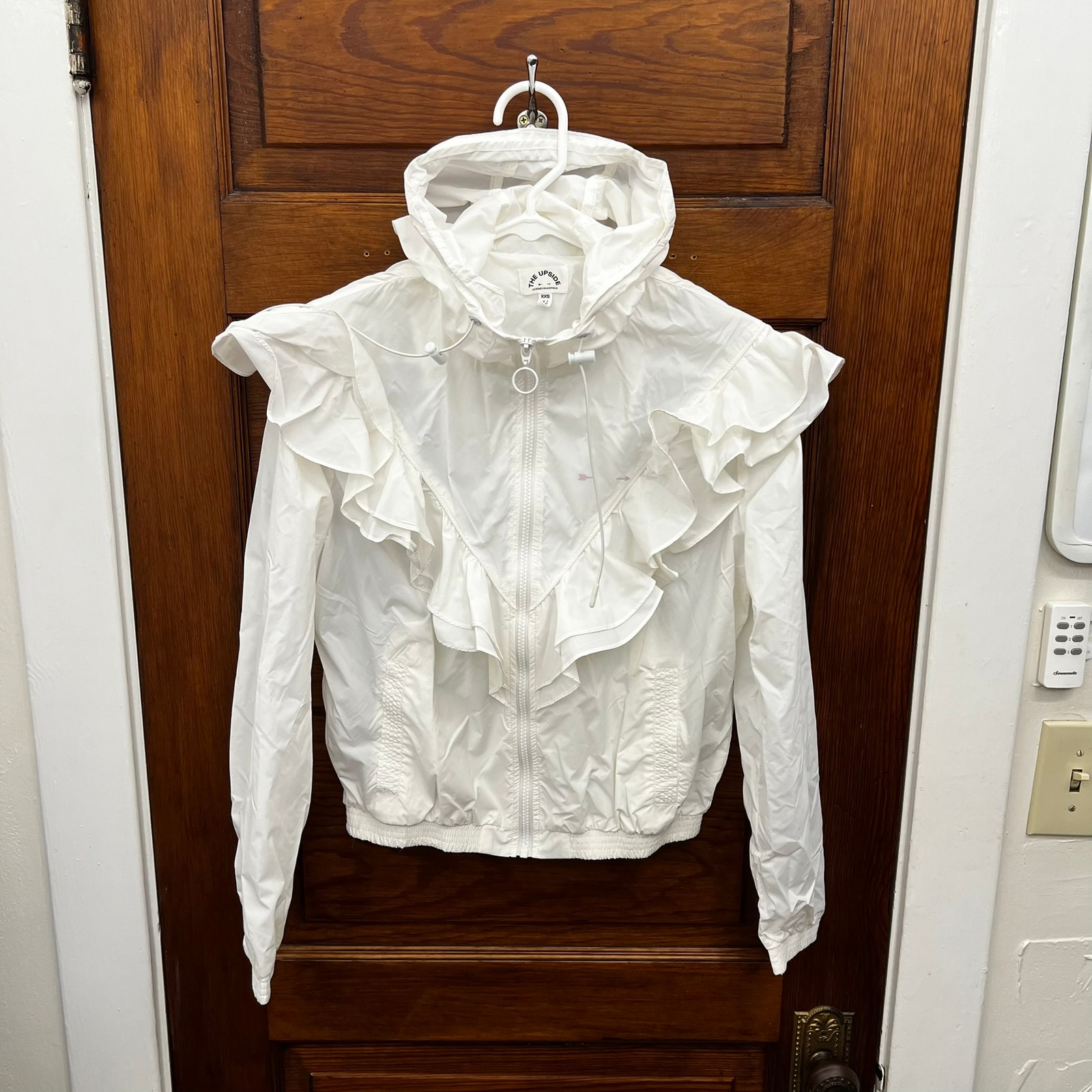 The Upside Joy Ruffle Hooded Jacket In White Xxs Nwot's Lightweight $141